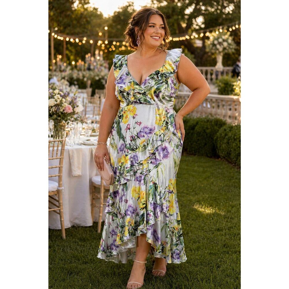VONE Aini Beauty Floral Satin Tiered Ruffle Midi Dress Sz 14 Hi Low Hem Wedding